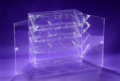 Clear acrylic display Bra case on a purple background