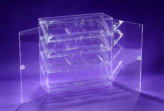 Clear acrylic display Bra case on a purple background